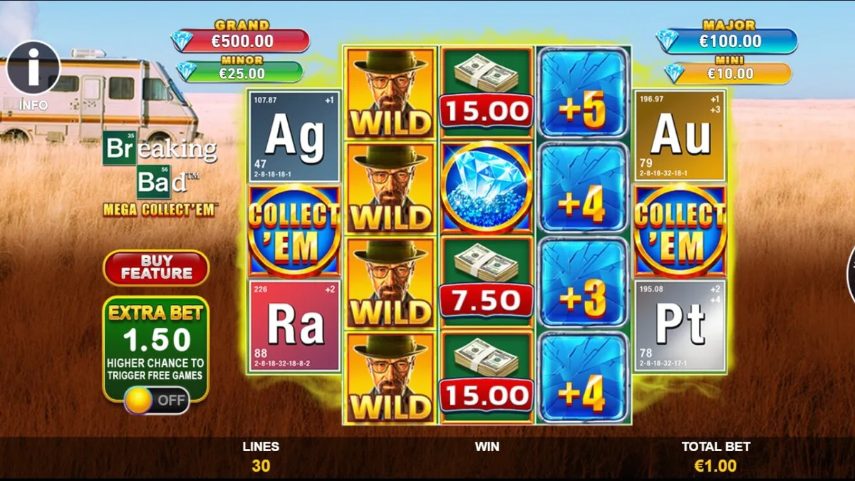 Breaking Bad Mega Collect’Em slot machine interface na may desert theme
