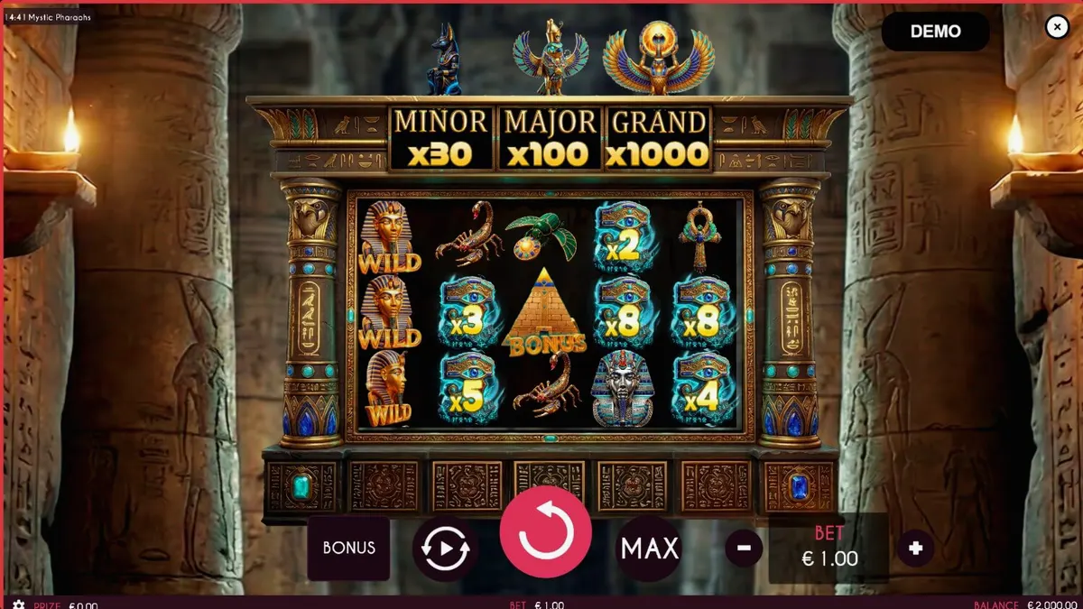 Isang visual na representasyon ng Mystic Pharaohs slot na nagpapakita ng mga gintong simbolo at sinaunang Ehipto.