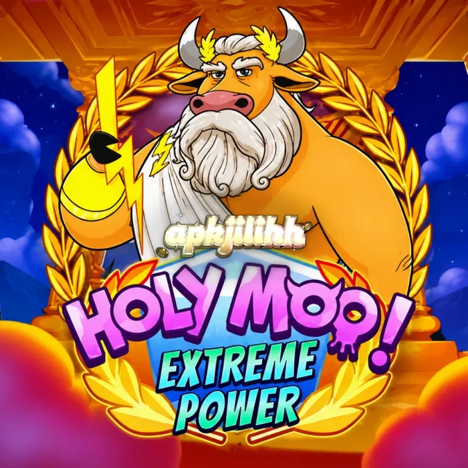 Tampilan grid 6x6 pada slot Holy Moo! Extreme Power dengan tema dewa sapi.